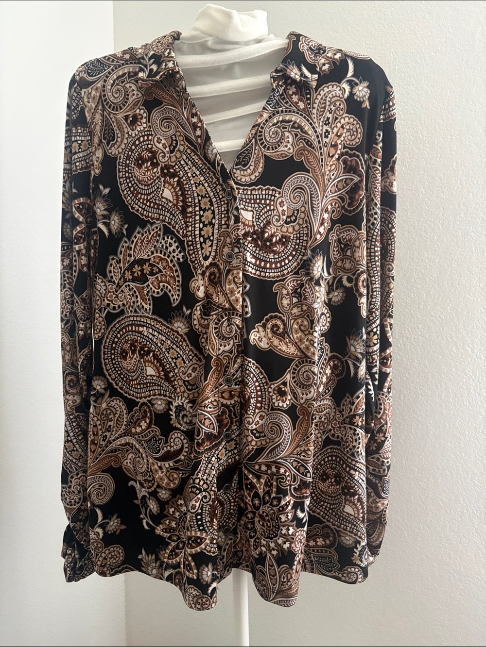 Susan Graver Black Button-Down Blouse with Brown & Cream Paisley